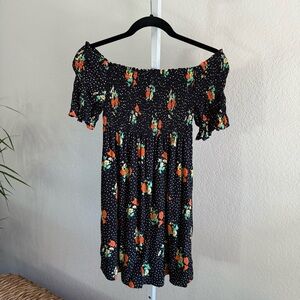 Zara Off Shoulder Floral Polka Dot Dress Black Orange Smocked Boho Medium